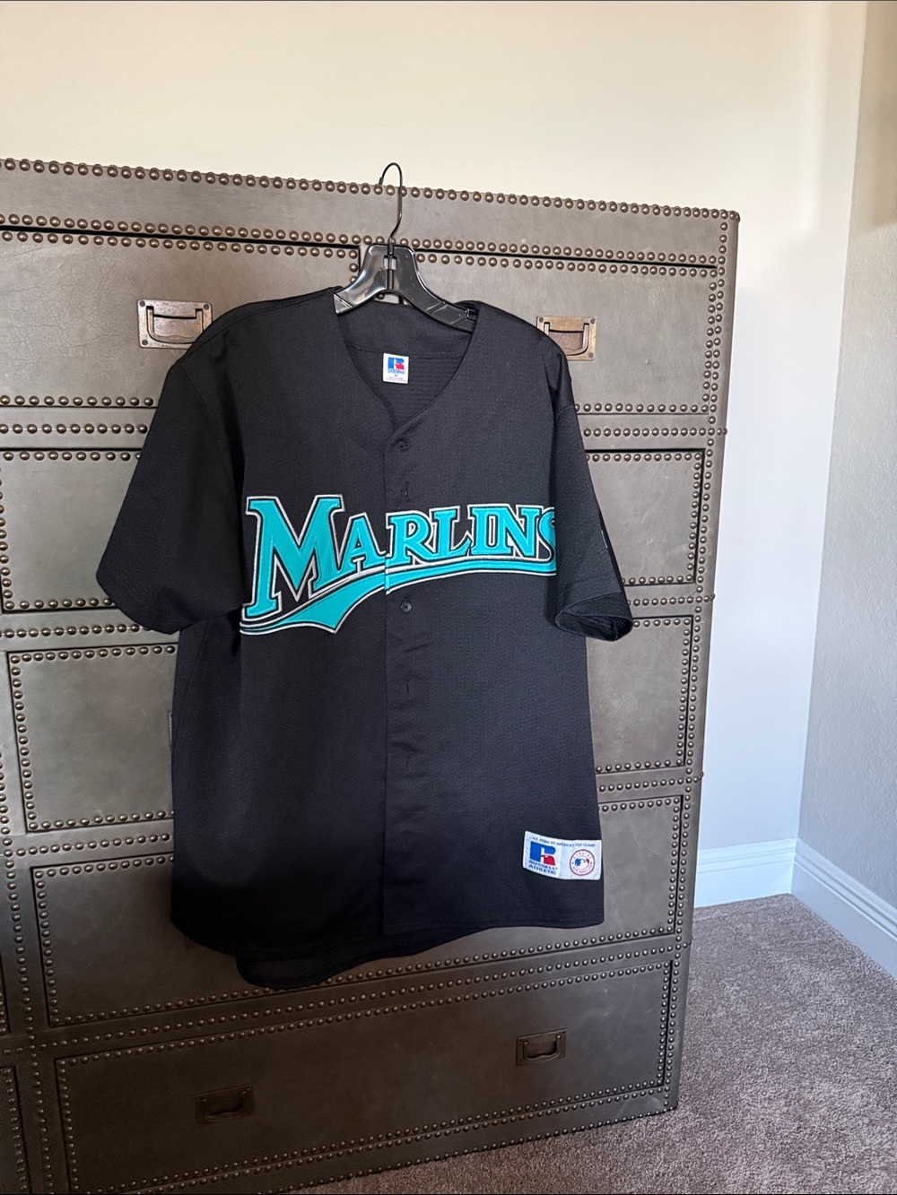Russell Athletic Black Miami Marlins Button-Up Jersey with Teal Logo